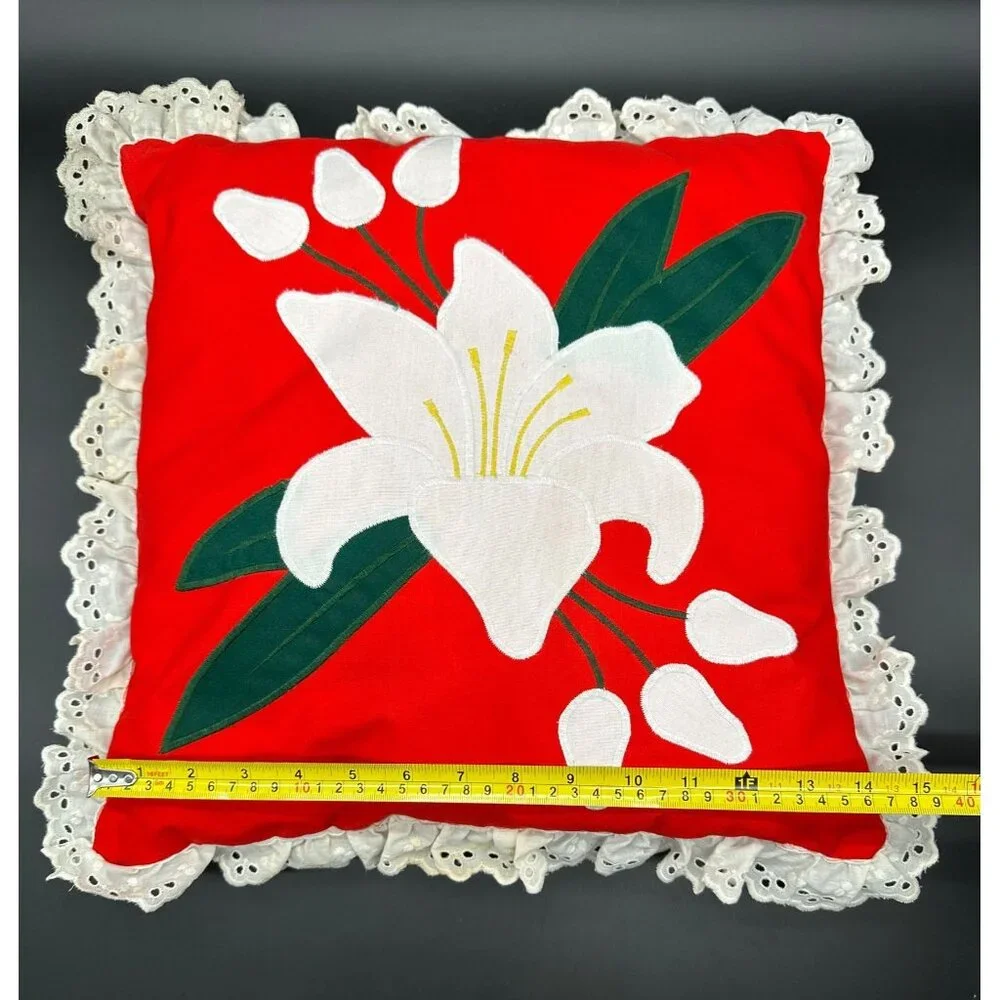 Vintage Throw Pillow Floral Handmade Red White Lace Calla Lily Flower Retro